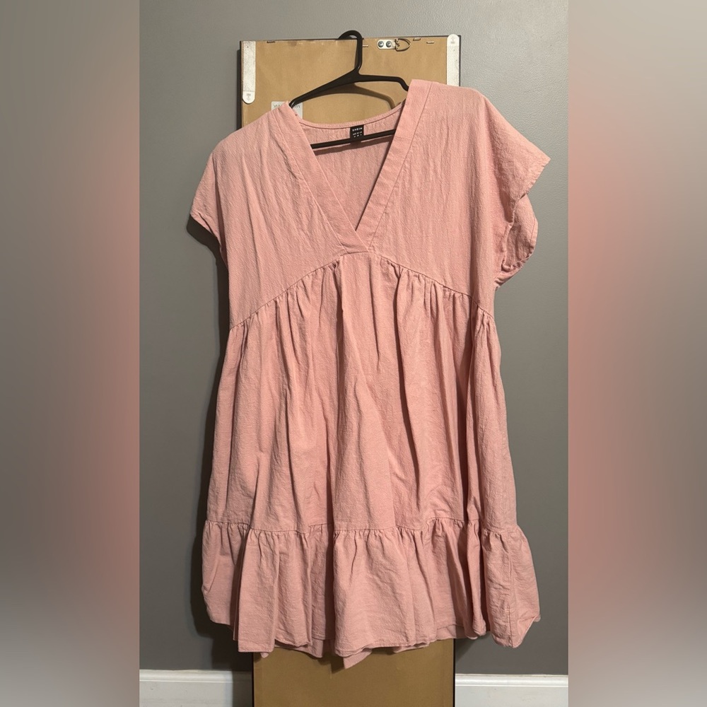 SHEIN Pink V-Neck Ruffle Hem Top